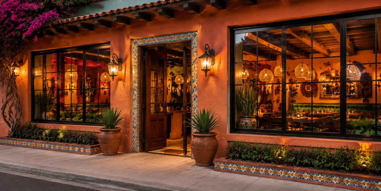Fachada de un restaurante al atardecer