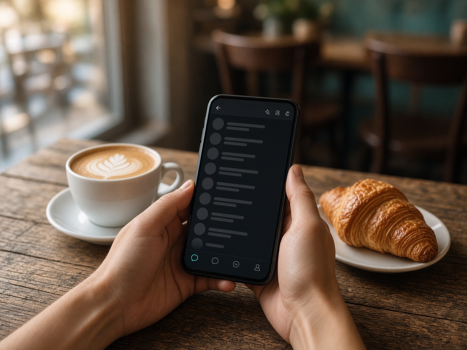 Manos sosteniendo un teléfono en un café