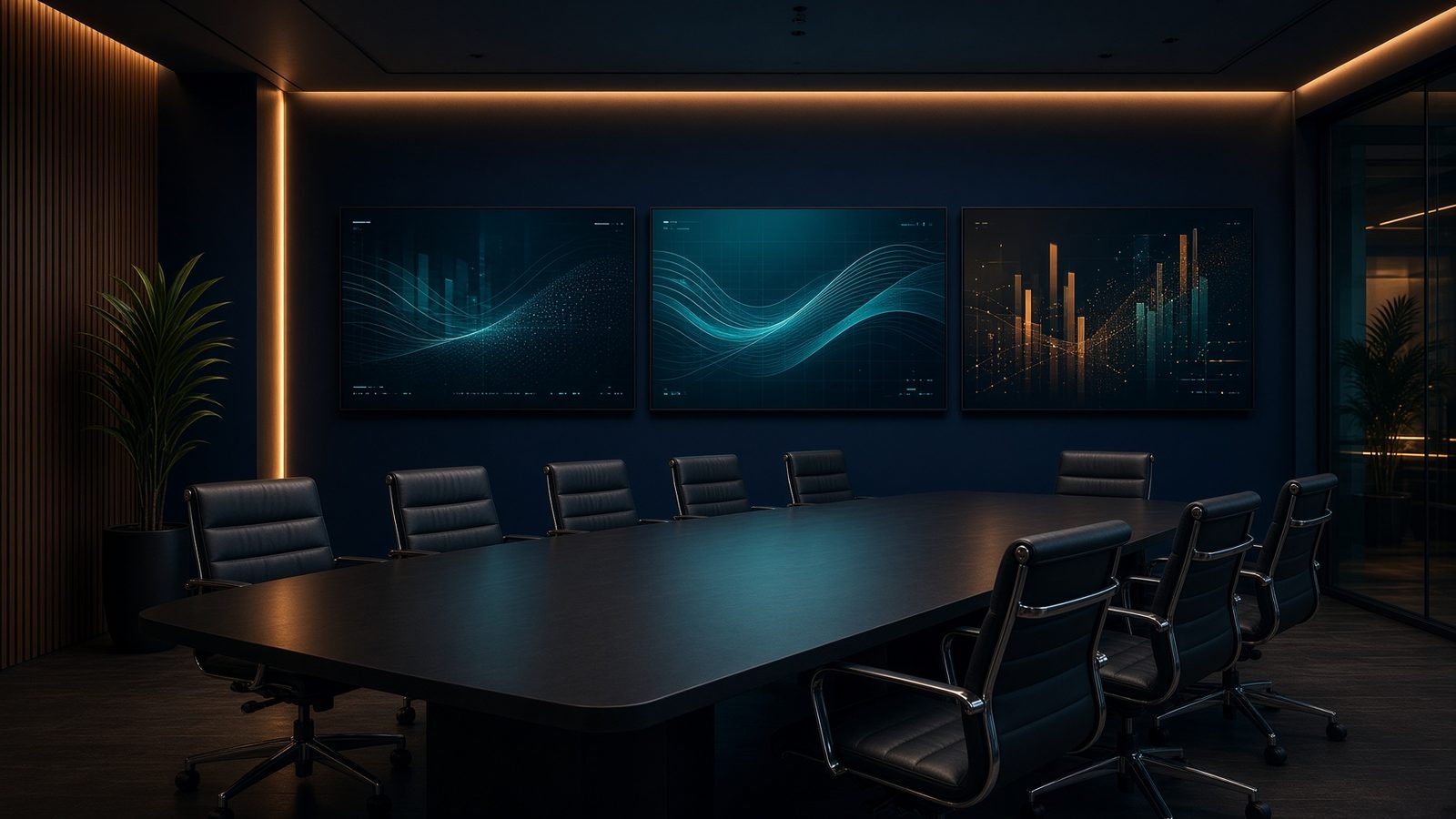 Sala de juntas con paneles digitales